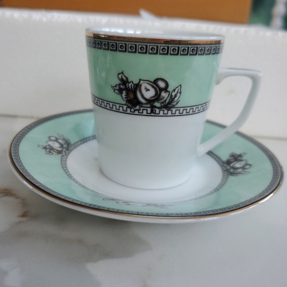 NIB Vintage Mint Green & White  Elegant Apricot Design Espresso & Saucer Set (6)